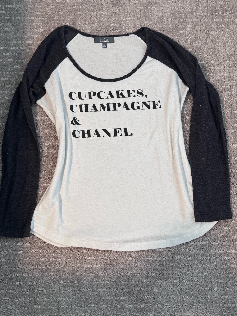 'Cupcakes, Champagne & Chanel' Long Sleeve Raglan Top - Gray/Cream